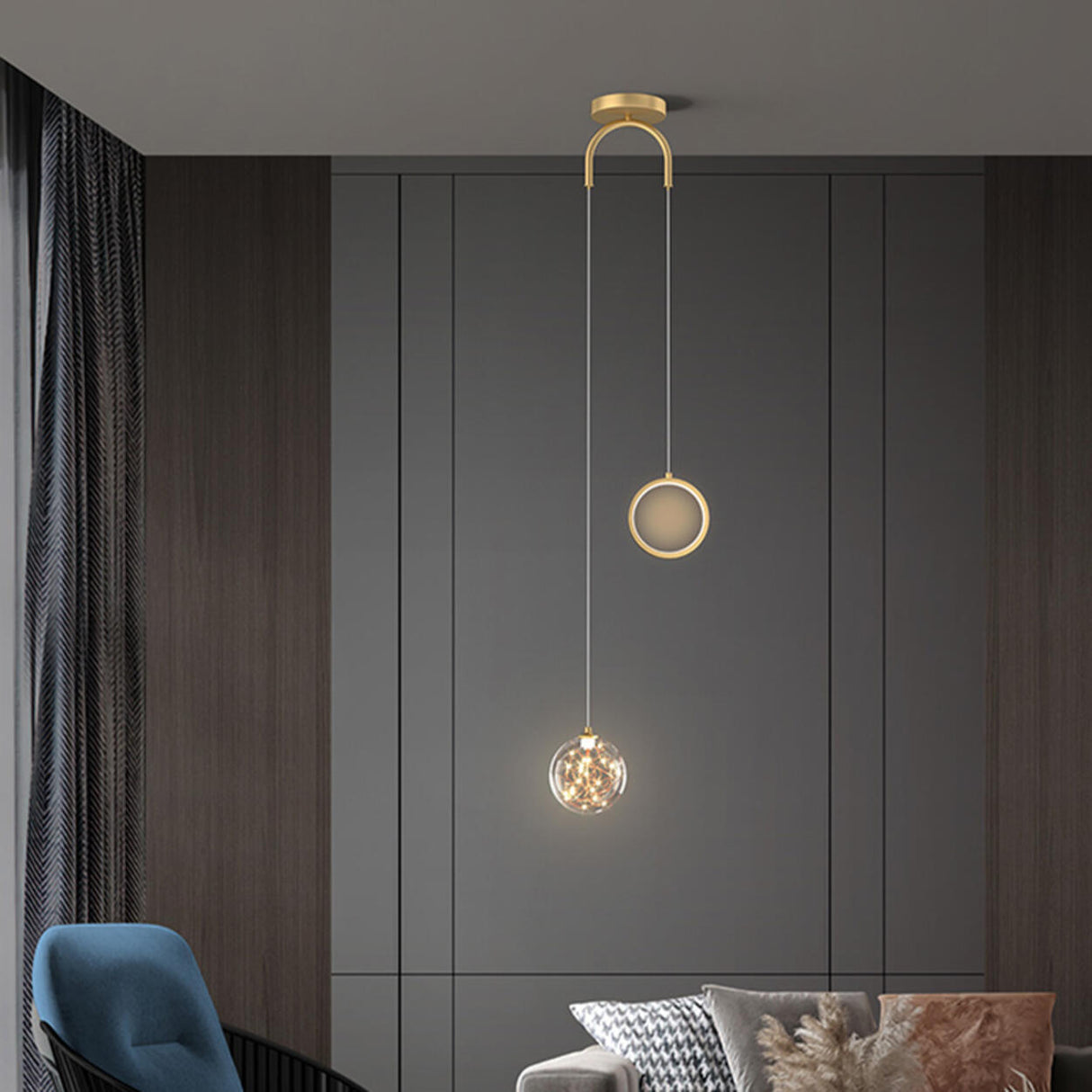 Modern Dual Light Glass Globe and Ring Bedroom Pendant Light Image - 4