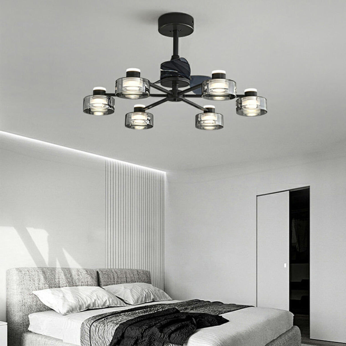 Modern Elegant Black Sputnik Chandelier Fan With Light Image - 1