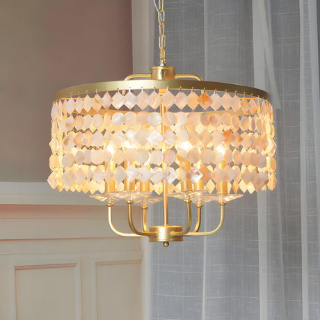 Modern Elegant Brass White Shell Drum Pendant Chandelier Image - 2