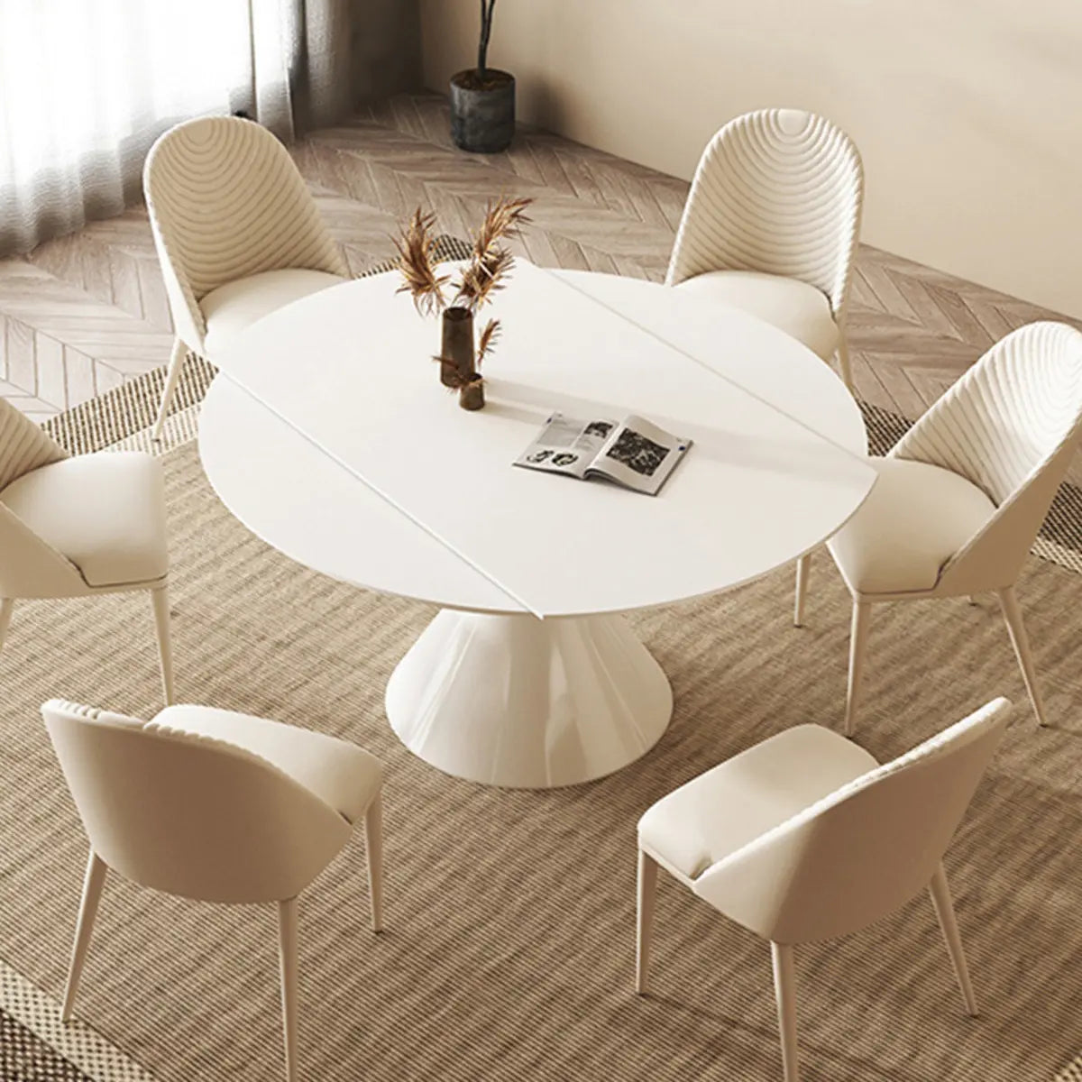 Modern Elegant Expandable Round White Stone Dining Table Image - 1