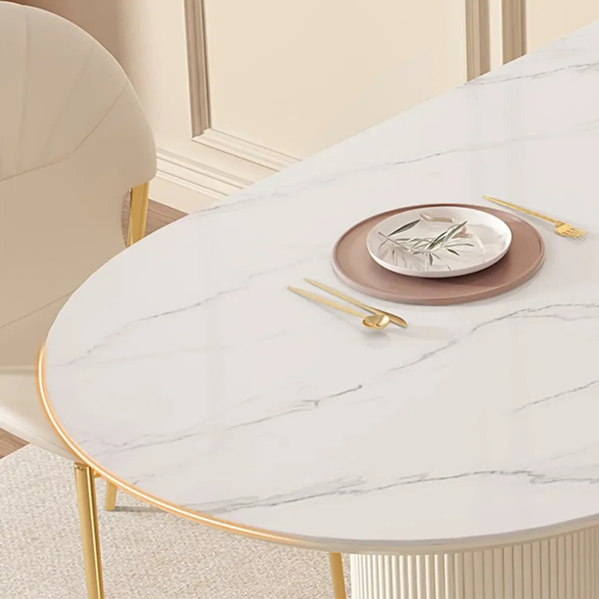 Modern Elegant White Stone Top Extendable Oval Dining Table Image - 10