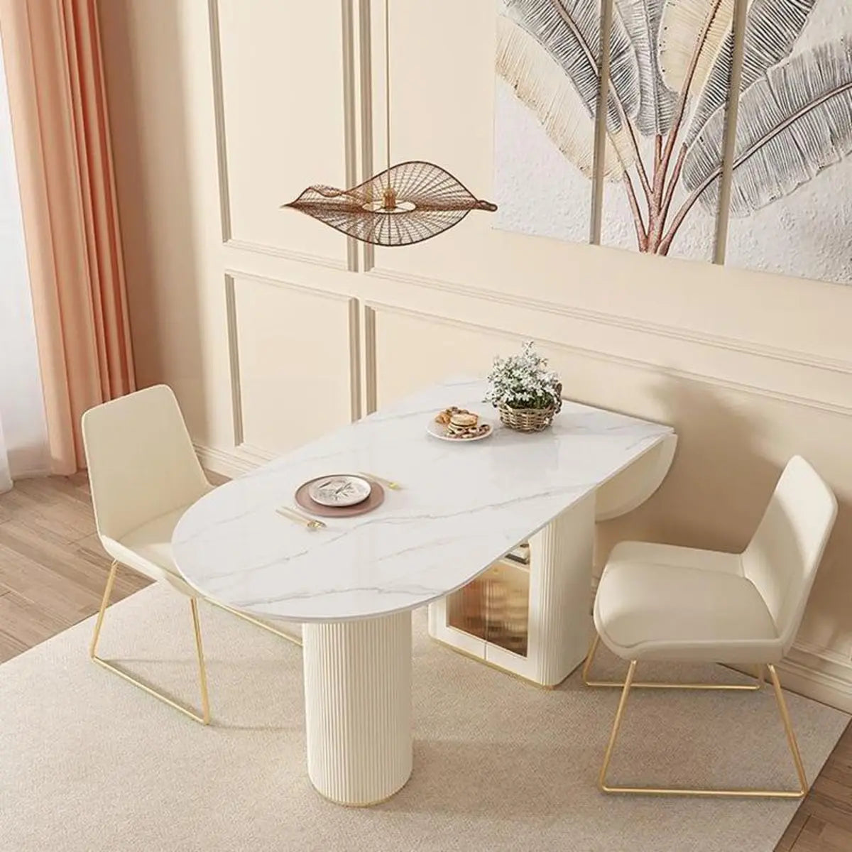 Modern Elegant White Stone Top Extendable Oval Dining Table Image - 4