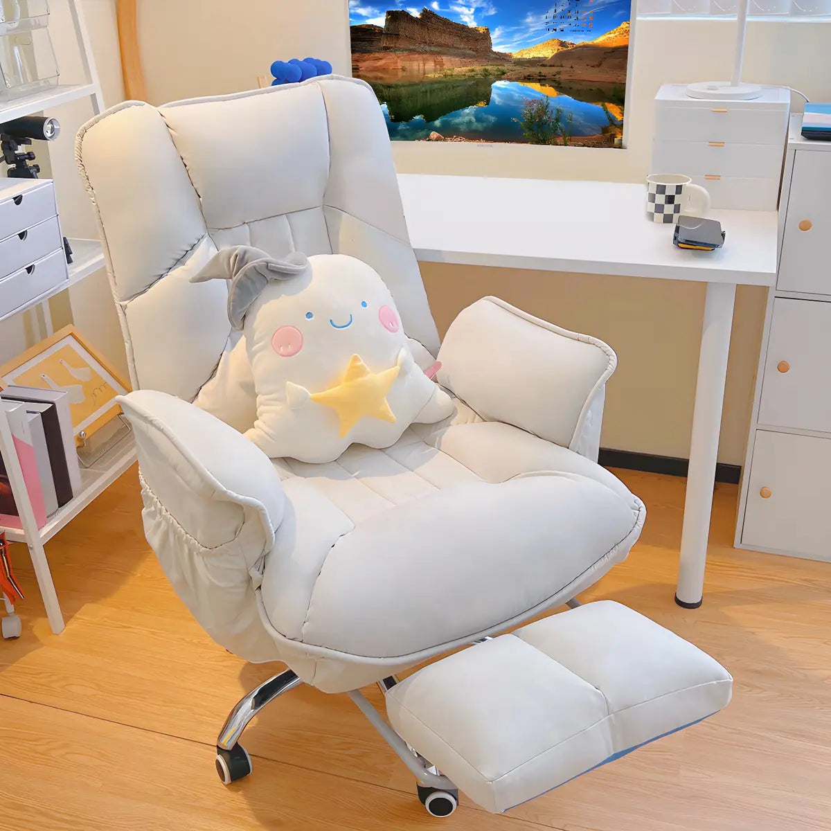 Modern Ergonomic Recliner Ivory Adjustable Office Chair Image - 5