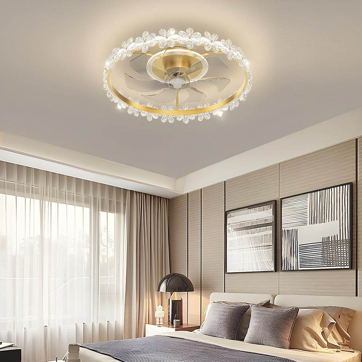 Modern Exquisite Crystal Garland Ceiling Fan with Light Image - 1