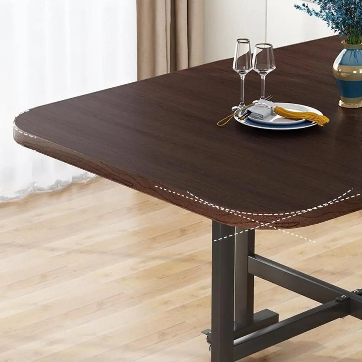 Modern Extendable Rectangular Wood Metal Dining Table Black Image - 9