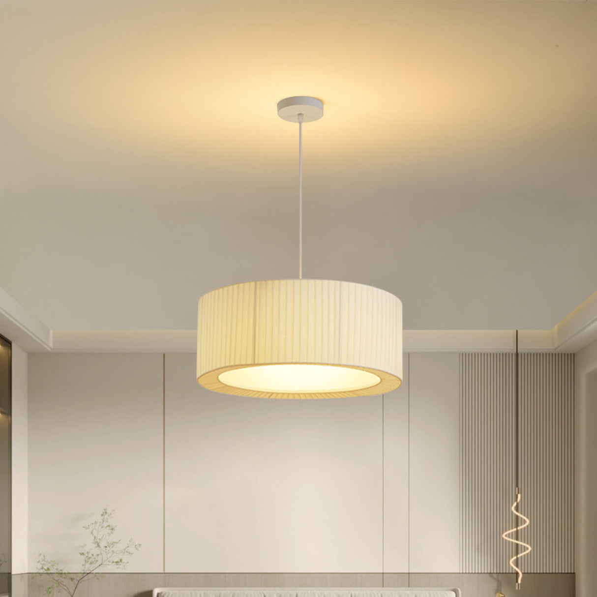 Modern Fabric Drum Pendant Light Chandelier Flexible Length Image - 4