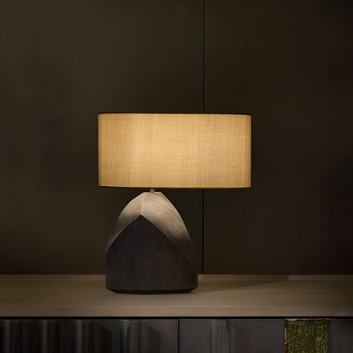 Modern Fabric Shade Black Geometric Wooden Table Lamp Image - 5