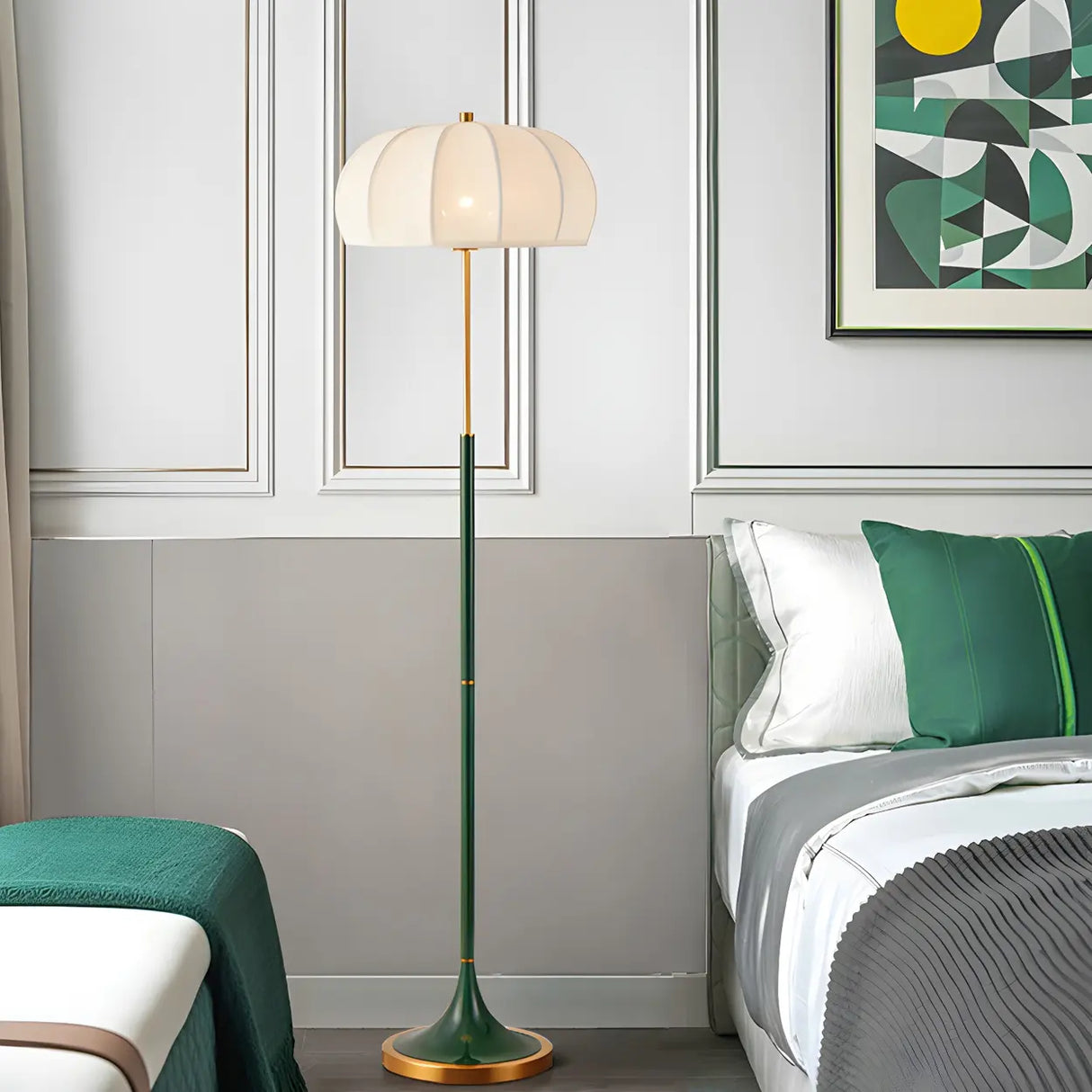 Modern Fabric White Dome and Green Pole Floor Lamp Image - 3