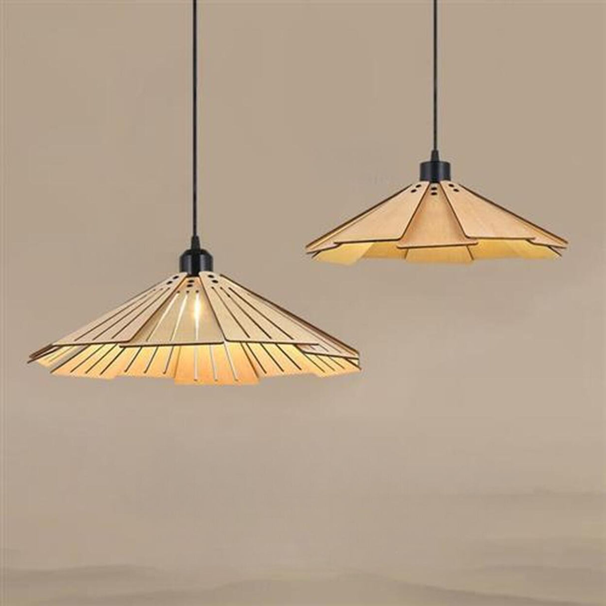 Modern Fan Shape Solid Wood Conical Pendant Light Image - 6