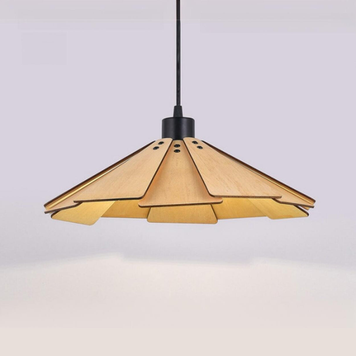 Modern Fan Shape Solid Wood Conical Pendant Light Image - 7