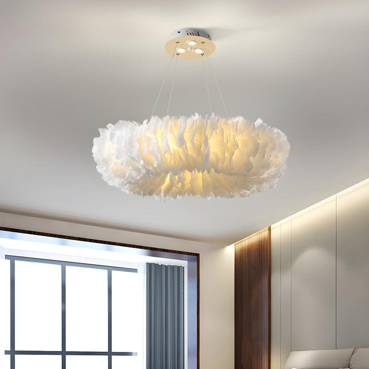 Modern Feather Round Loop Bedroom Pendant Chandelier Image - 1