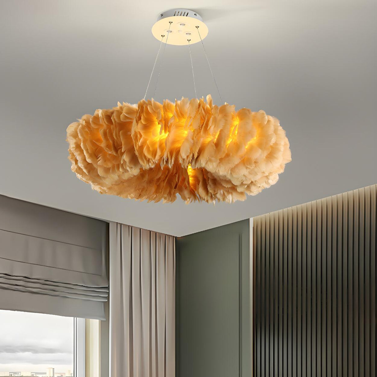 Modern Feather Round Loop Bedroom Pendant Chandelier Image - 11