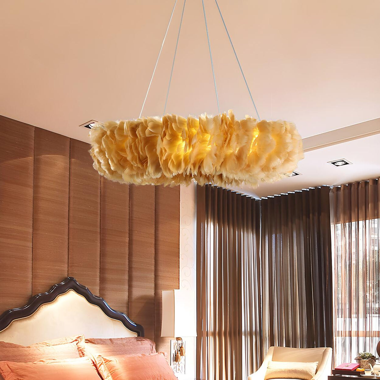 Modern Feather Round Loop Bedroom Pendant Chandelier Image - 12