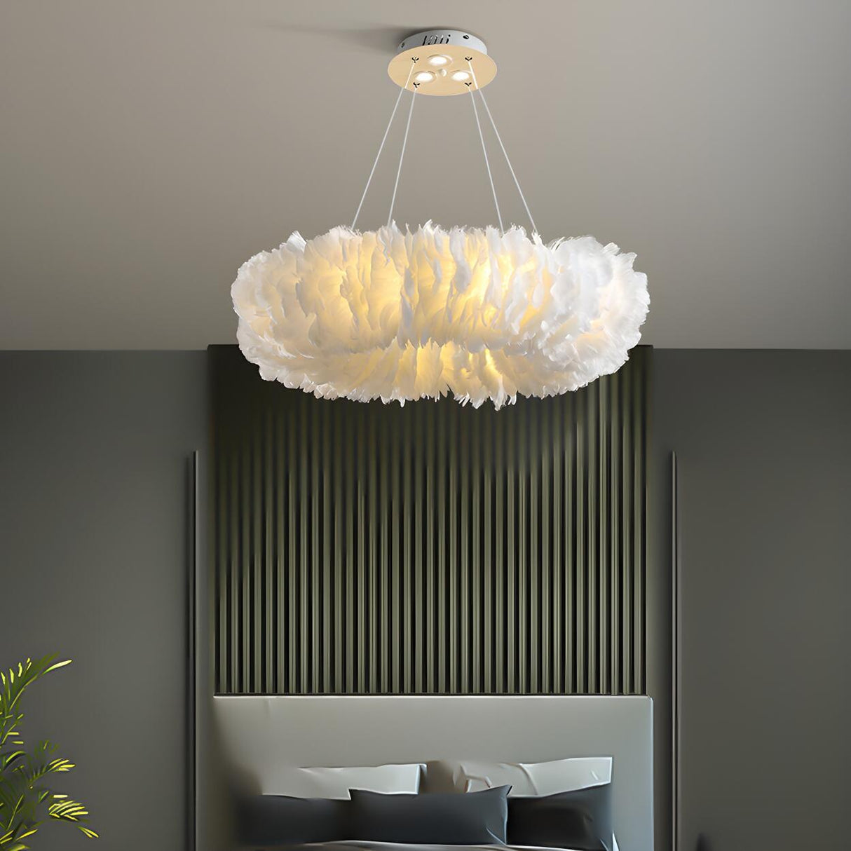 Modern Feather Round Loop Bedroom Pendant Chandelier Image - 2