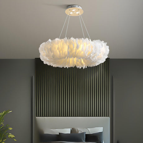 Modern Feather Round Loop Bedroom Pendant Chandelier Image - 2