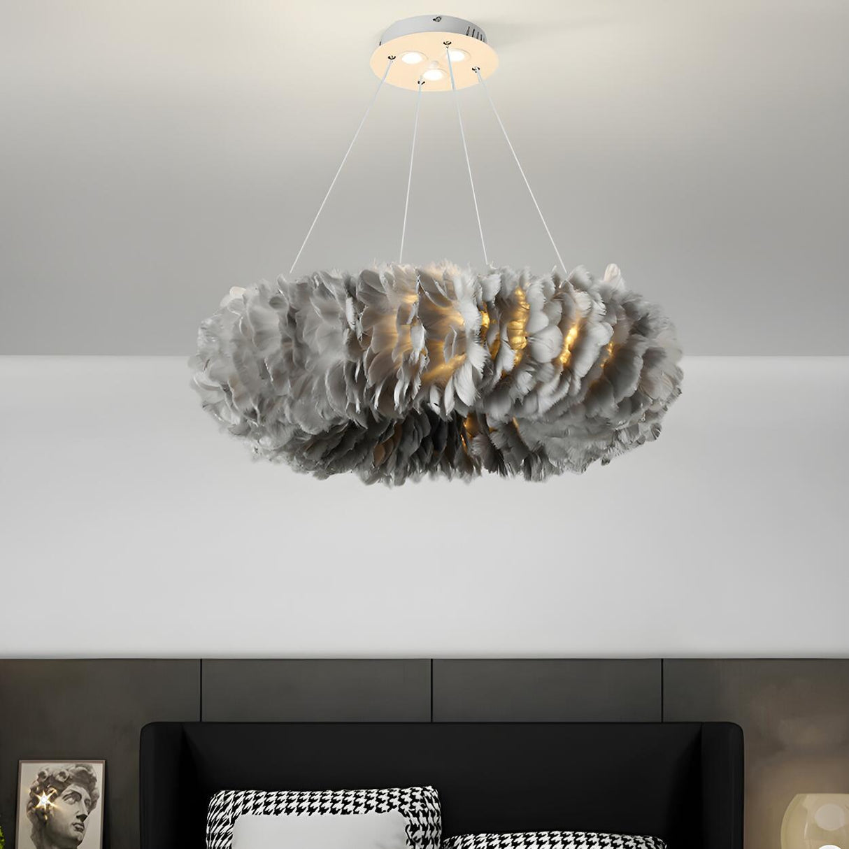 Modern Feather Round Loop Bedroom Pendant Chandelier Image - 5