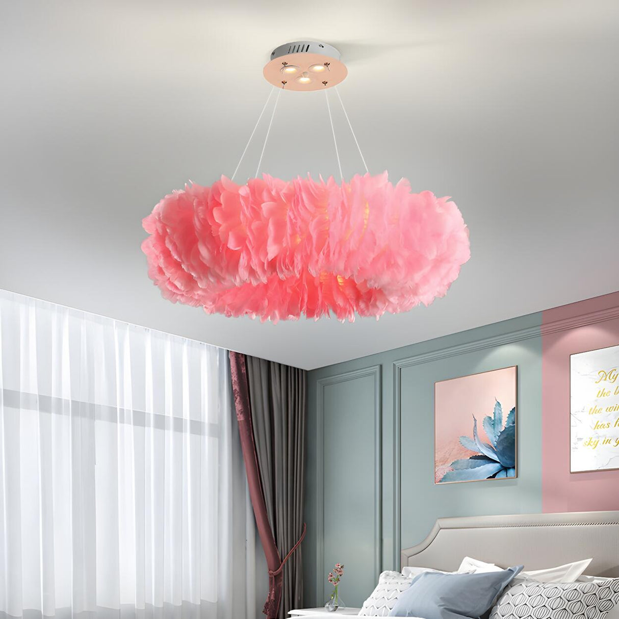 Modern Feather Round Loop Bedroom Pendant Chandelier Image - 9