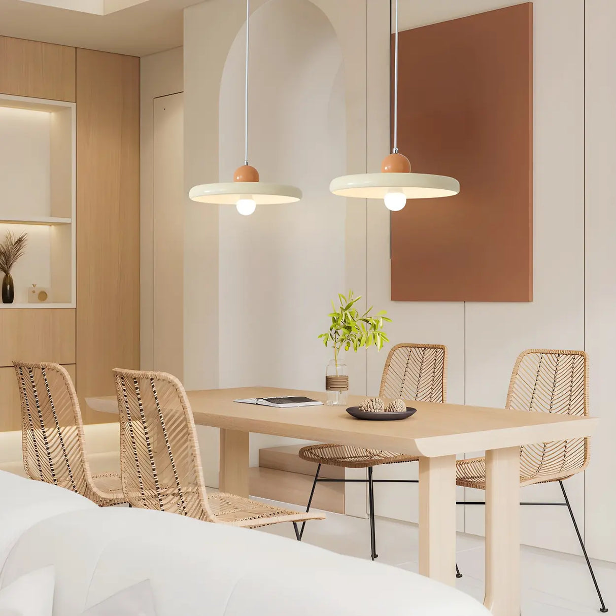 Modern Flat Circular Beige Dining Room Pendant Light Image - 1