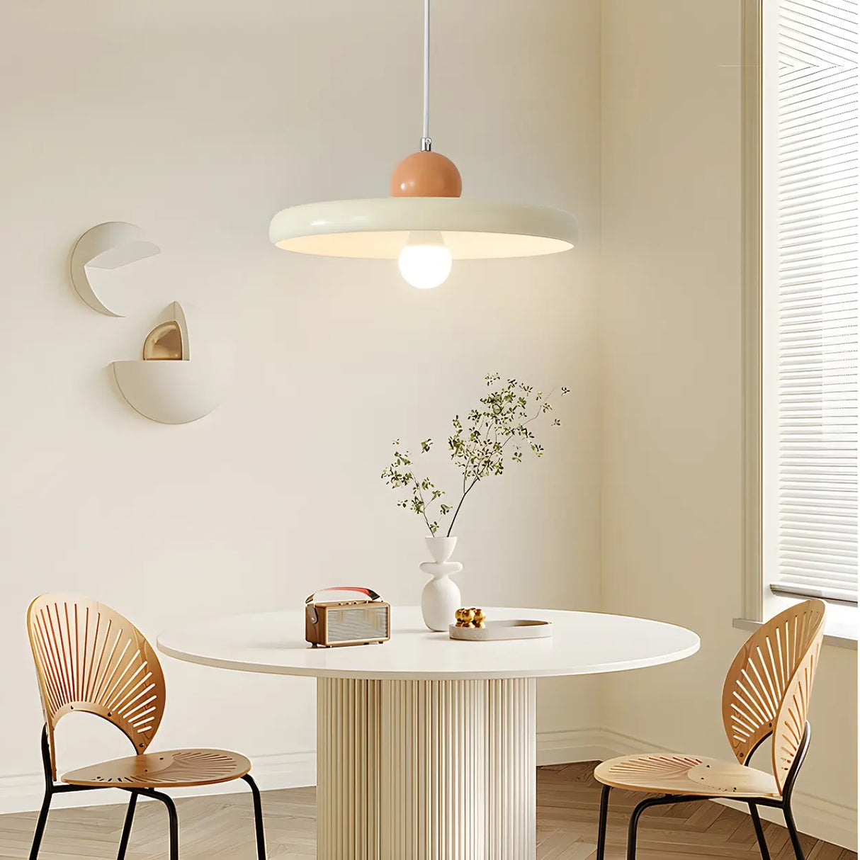 Modern Flat Circular Beige Dining Room Pendant Light Image - 4