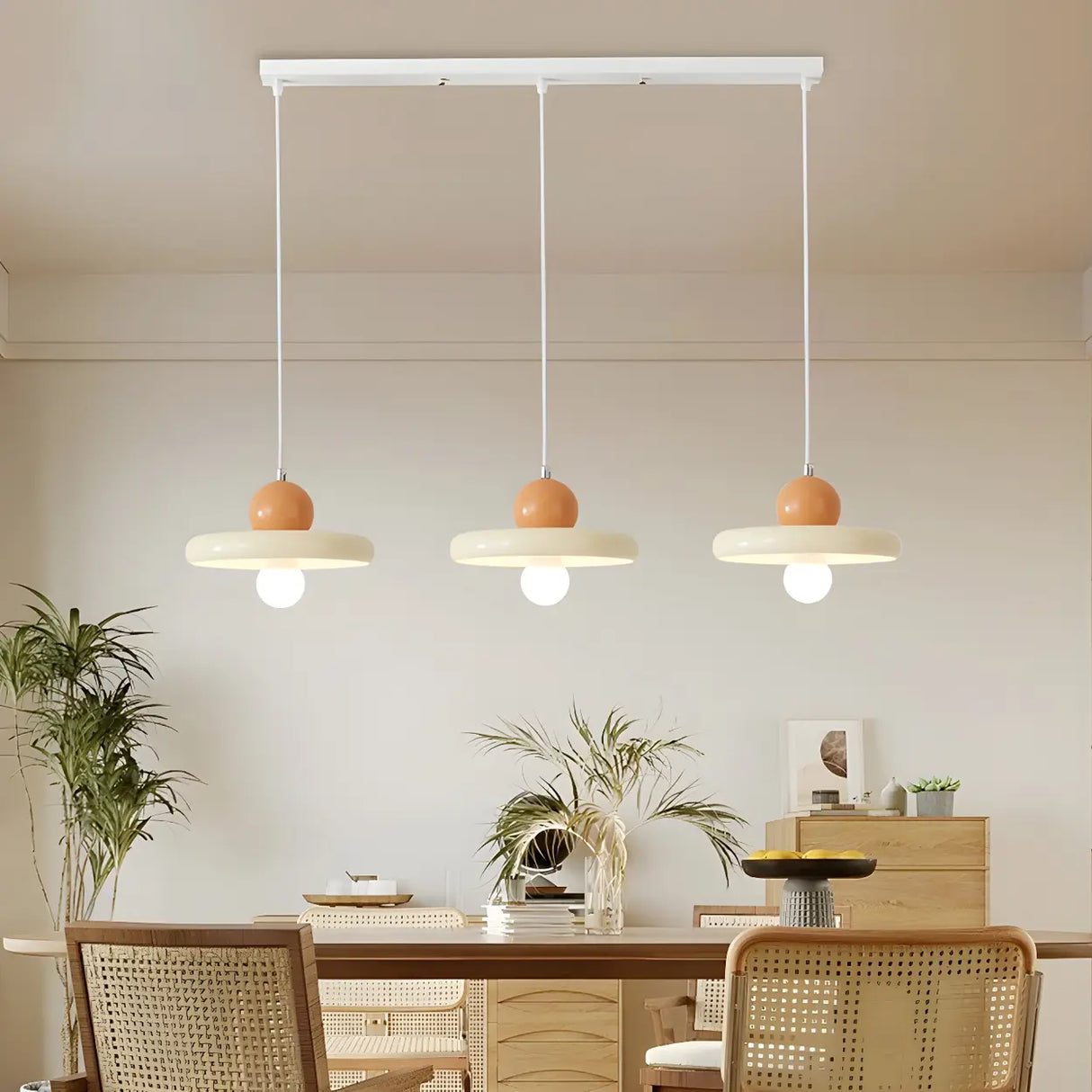 Modern Flat Circular Beige Dining Room Pendant Light Image - 8