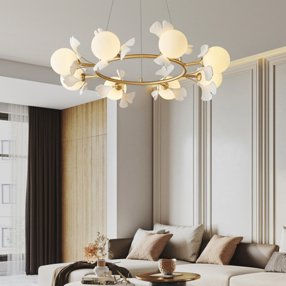 Modern Floral Leaves Circle White Ball Chandelier  Image - 4