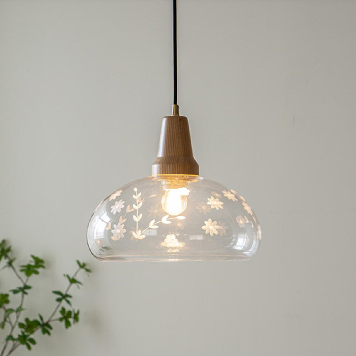 Modern Floral Pattern Dome Clear Glass Pendant Light Image - 10