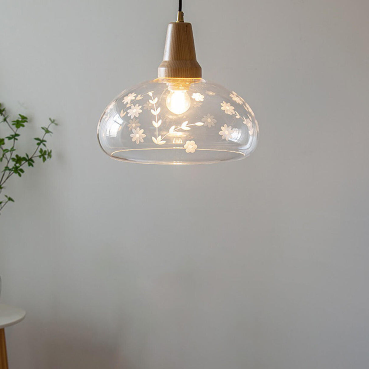 Modern Floral Pattern Dome Clear Glass Pendant Light Image - 2