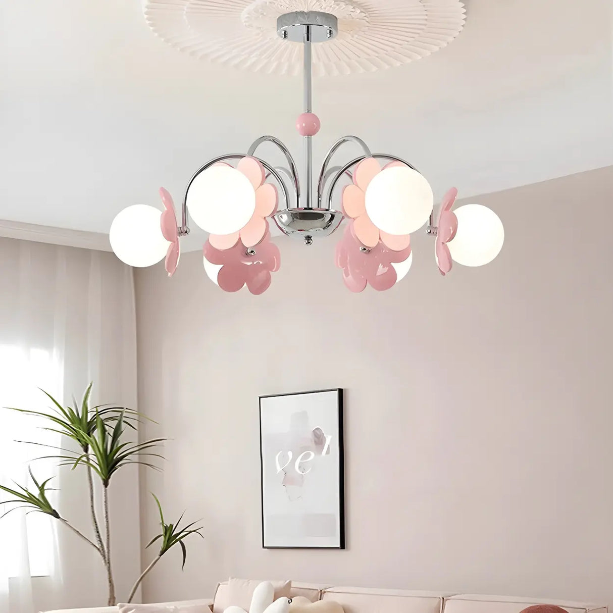 Modern Floral Pendant Light Pink Bedroom Chandelier Image - 6