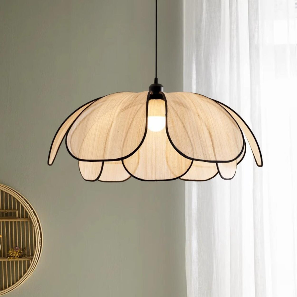 Modern Floral Petal Wooden Pendant Light Fixed Wiring Image - 1