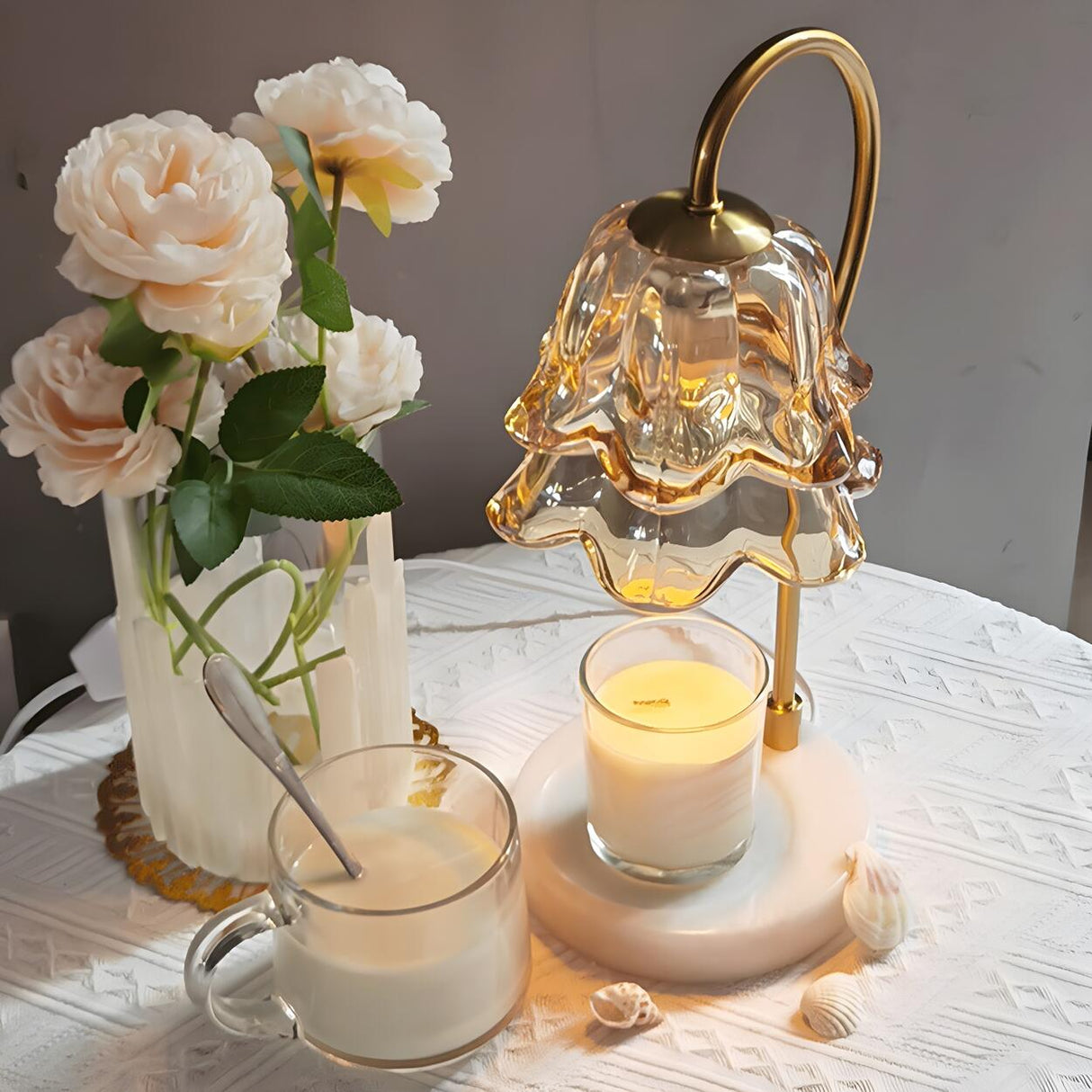 Modern Flower Glass Curved Metal Arm Candle Table Image - 4