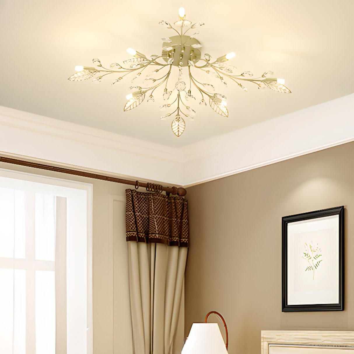 Modern Flower Leaf Crystal Semi-Flush Mount Light Image - 5