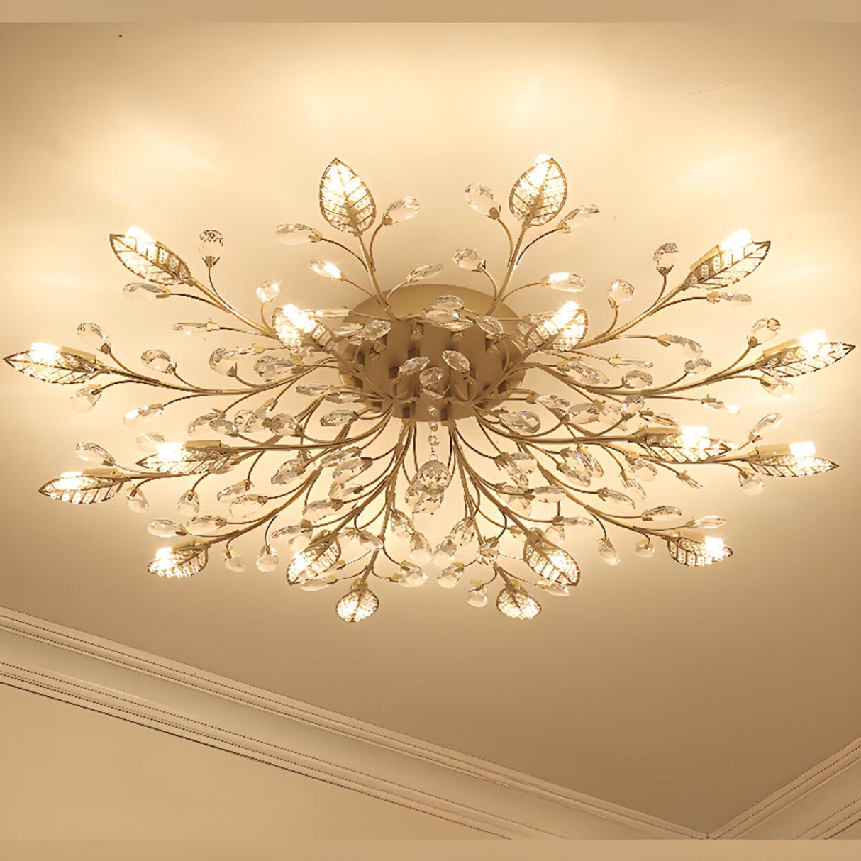 Modern Flower Leaf Crystal Semi-Flush Mount Light Image - 8