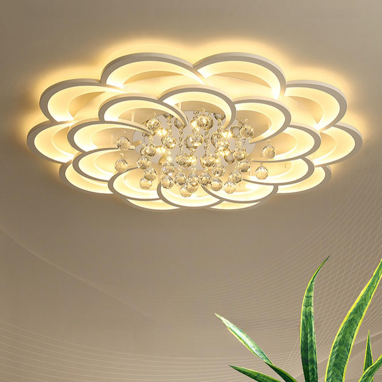 Modern Flower White Crystal LED Flush Mount Light Image - 4