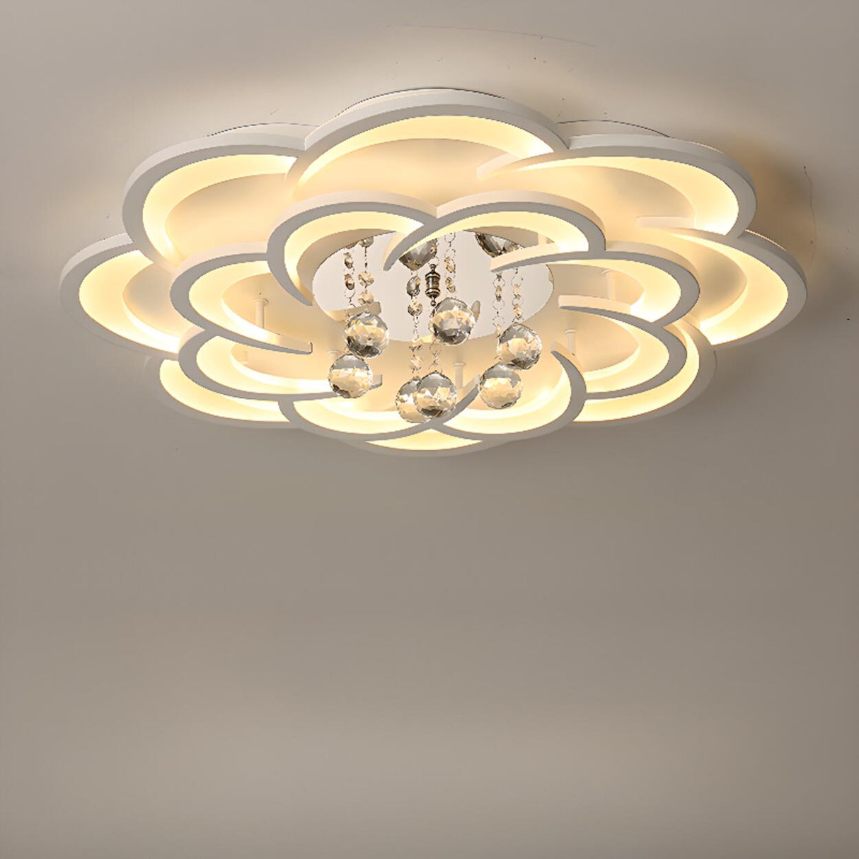 Modern Flower White Crystal LED Flush Mount Light Image - 7