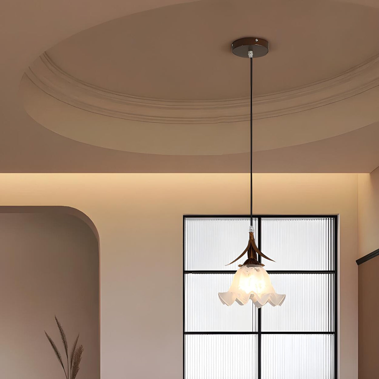 Modern Flower White Glass Brown Bedroom Pendant Light Image - 11