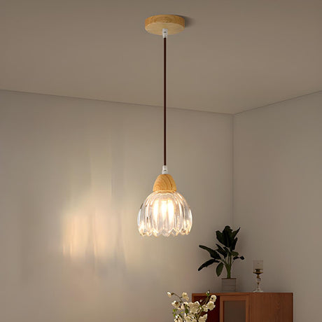 Modern Flower Wood Clear Glass Pendant Lights Image - 1