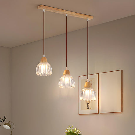 Modern Flower Wood Clear Glass Pendant Lights Image - 2