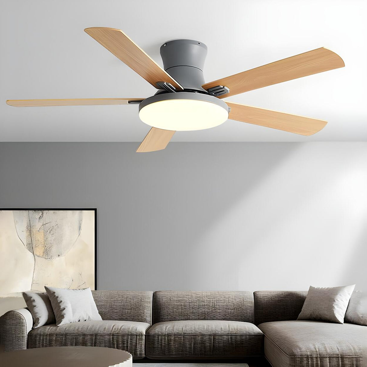 Modern Flush 5 Blade Solid Wood Ceiling Fan with Light Image - 1