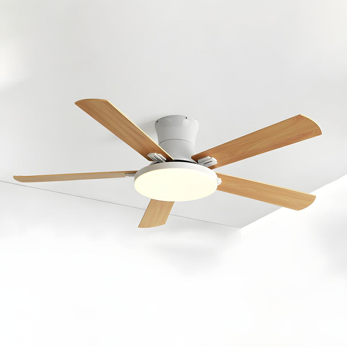 Modern Flush 5 Blade Solid Wood Ceiling Fan with Light Image - 3