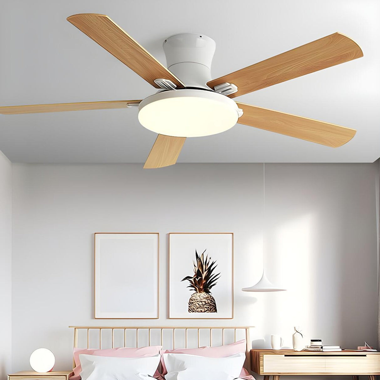 Modern Flush 5 Blade Solid Wood Ceiling Fan with Light Image - 6