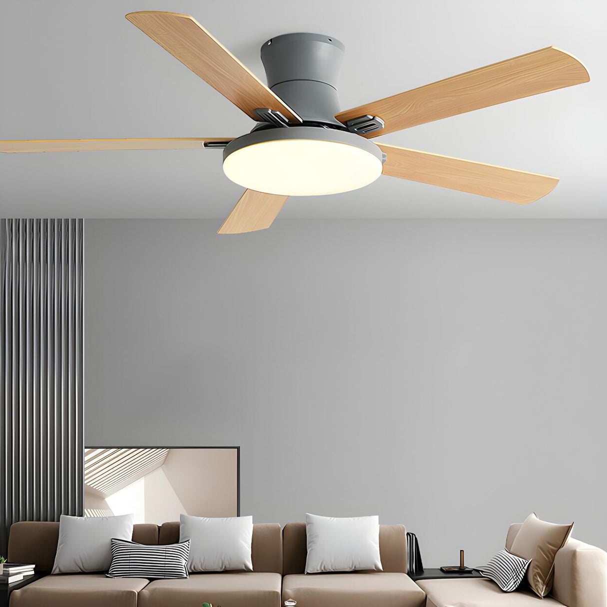 Modern Flush 5 Blade Solid Wood Ceiling Fan with Light Image - 8