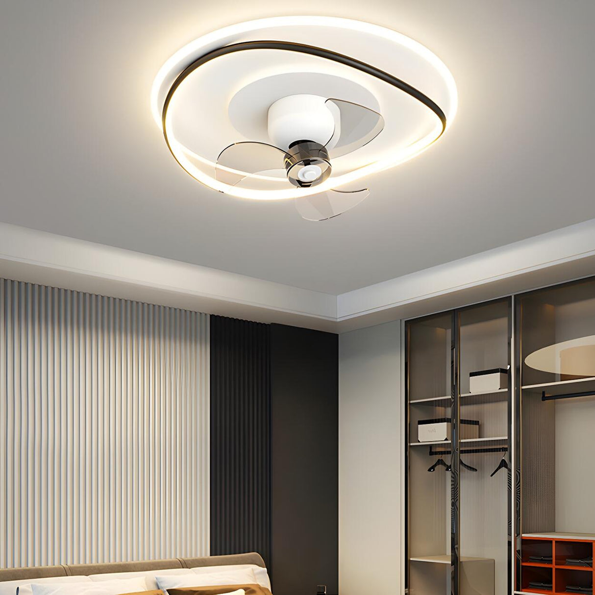 Modern Flush Geometric Bedroom Ceiling Fan with Light Image - 1