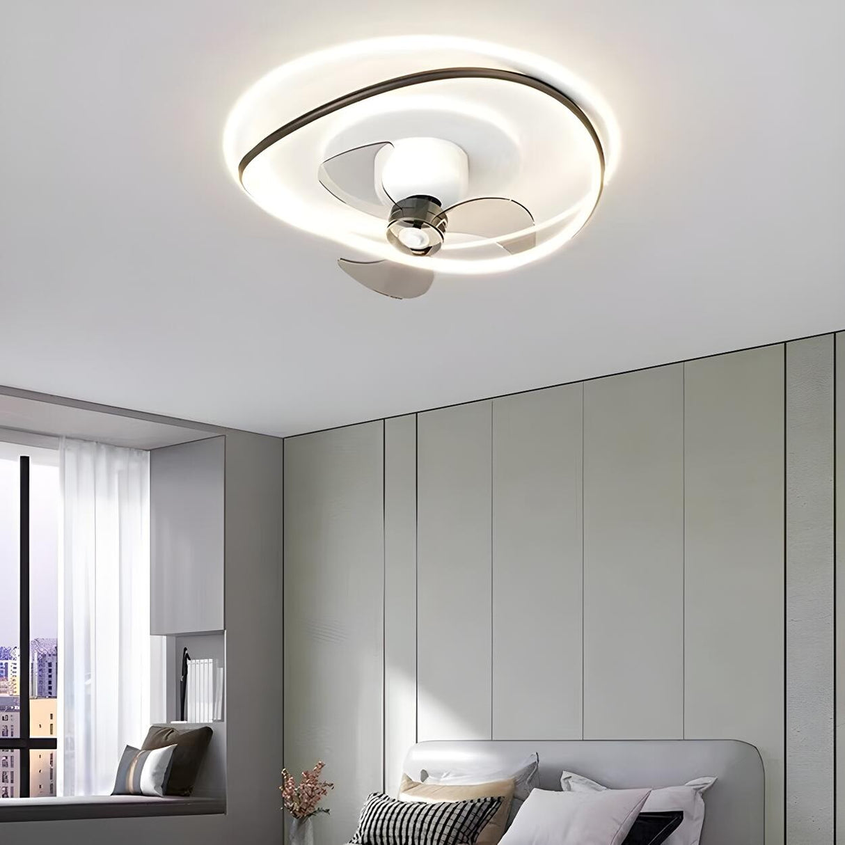 Modern Flush Geometric Bedroom Ceiling Fan with Light Image - 11