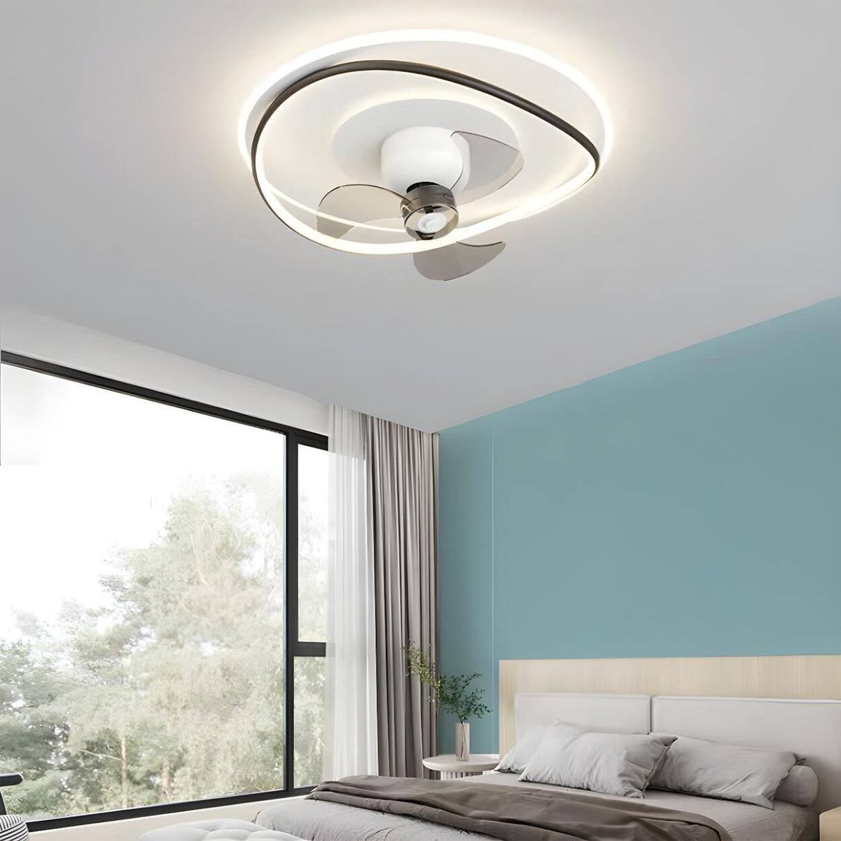 Modern Flush Geometric Bedroom Ceiling Fan with Light Image - 15