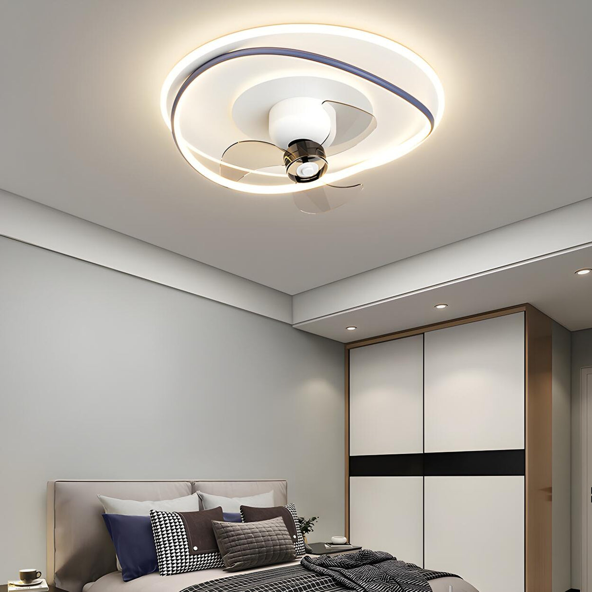 Modern Flush Geometric Bedroom Ceiling Fan with Light Image - 2