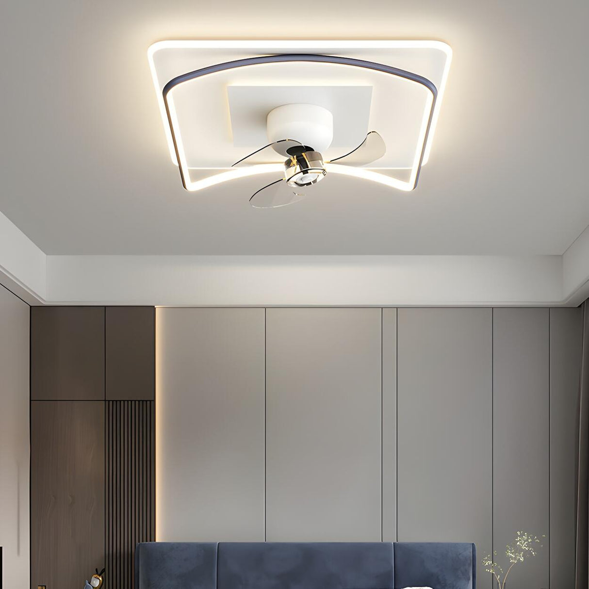 Modern Flush Geometric Bedroom Ceiling Fan with Light Image - 3