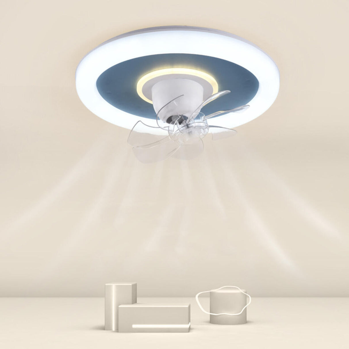 Modern Flush Mount Metal Round Ceiling Fan with Light Image - 1