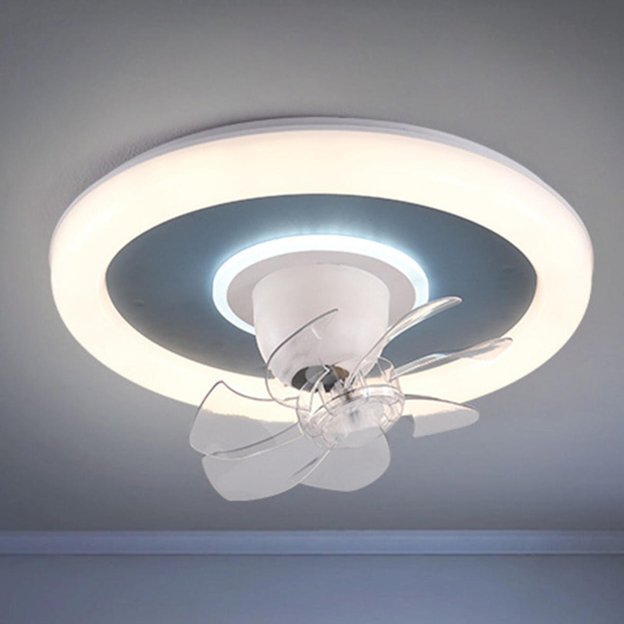 Modern Flush Mount Metal Round Ceiling Fan with Light Image - 3