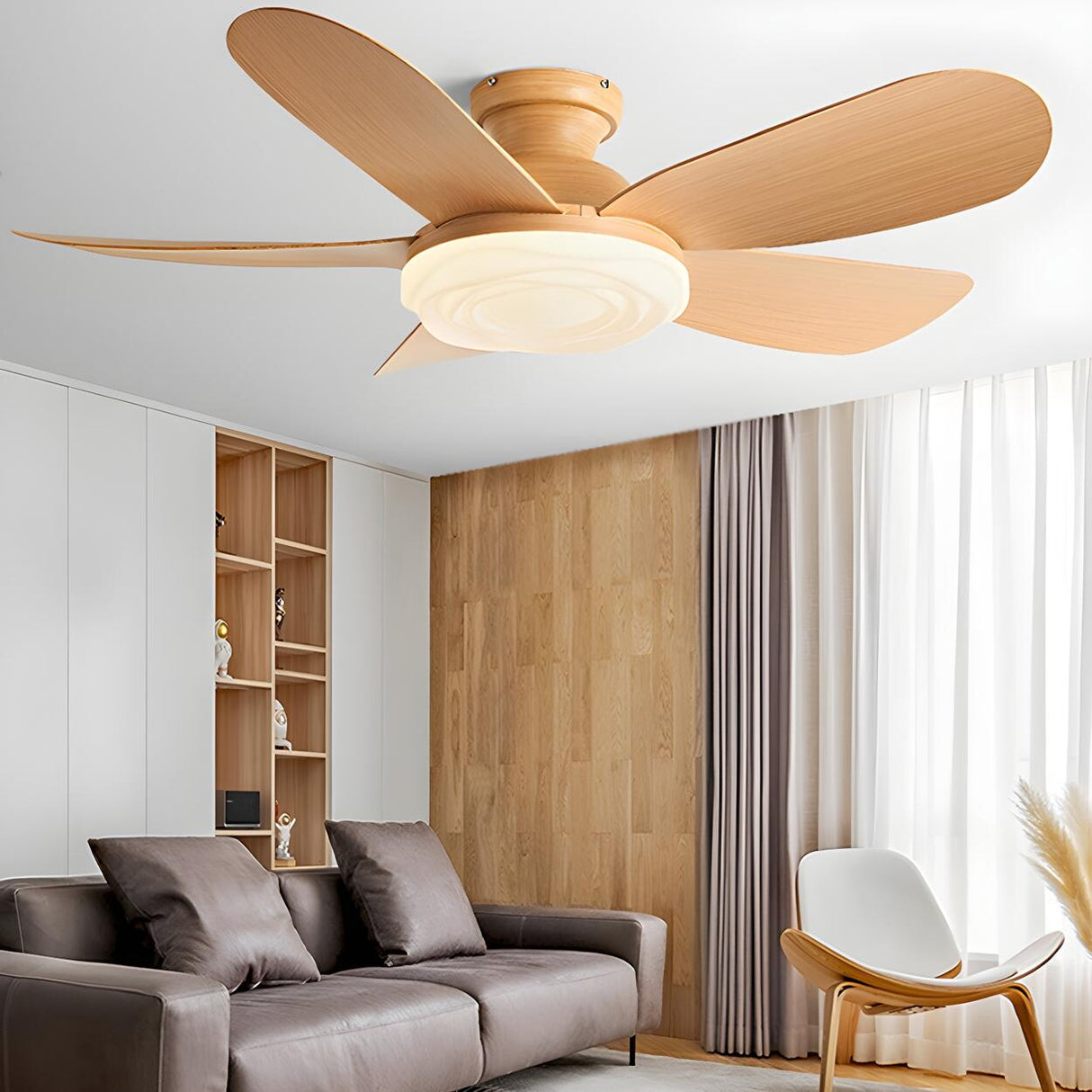 Modern Flush Mount Remote Wood Ceiling Fan with Light Image - 4