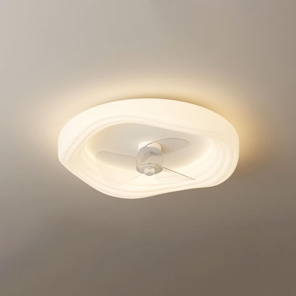 Modern Flush Mount White Round Ceiling Fan with Light Image - 10